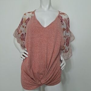 Tru Self Coquette Peach Cream Floral Ruffle Sleeves Twist Front Blouse Size XL